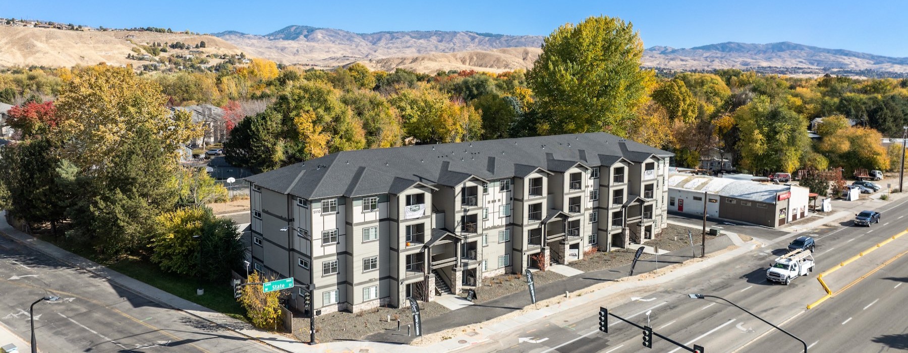 a building with a parking lot